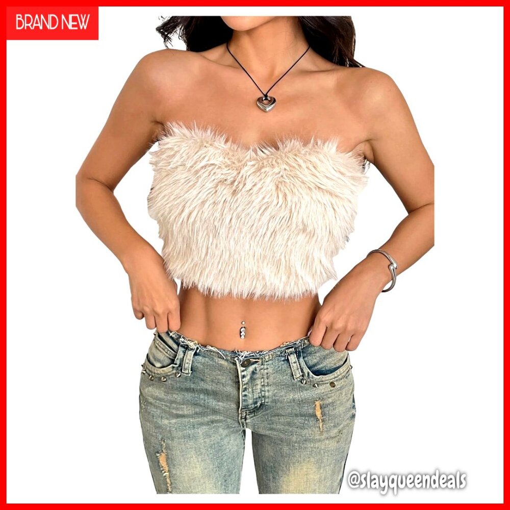 Strapless Faux Fur Tube Top Crop Top for Festival Club Party